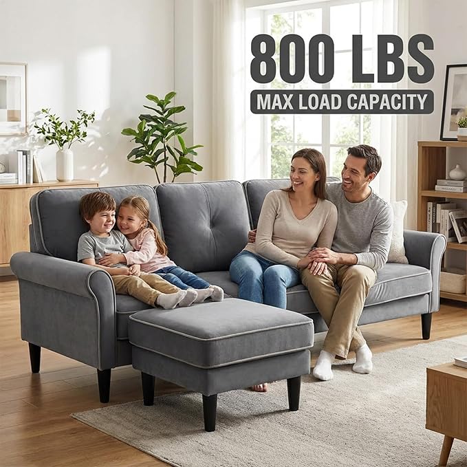 Sofas for Living Room, 83" Velvet Sectional Couch with Moveable Ottoman, Midcentury Modern Small Sectional Couch, L Shape Sofa & 2 Seater, Couches for Living Room, Apartment, Bedroom, Grey