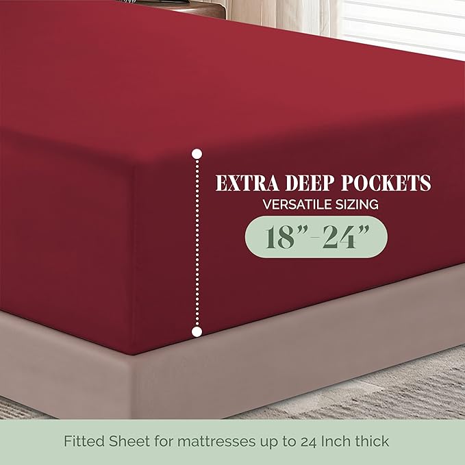 Elegant Comfort 1500 Premium Hotel Quality 18-24 Inches Deep - Extra Deep Pocket Single Fitted Sheet for High Mattress, Luxury and Softest, Smart Pocket - Wrinkle Free, California King, Burgundy