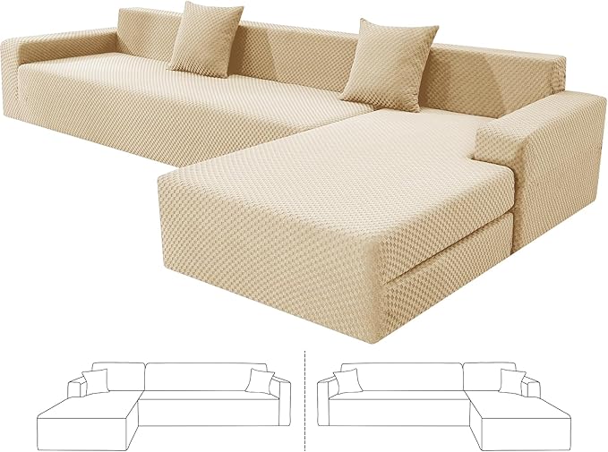 ZNSAYOTX Sectional Couch Covers, Stretch Jacquard Slipcovers with Elastic Bottom for L-Shape Sectional Sofa, 2 Pcs Pet Friendly Modular Sofa Protector (3 Seat Couch + 3 Seat Chaise, Light Beige)