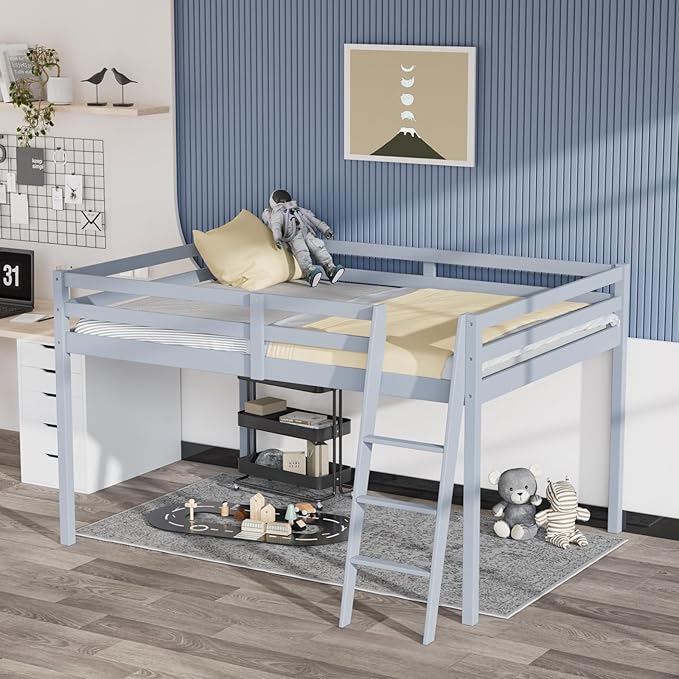 VINGLI Junior Low Loft Bed with Inclined Stairs,Gray Wood Loft Bed Full Size for Adults, Kids and Young Teens, No Box Spring Required,Wood Slat Support