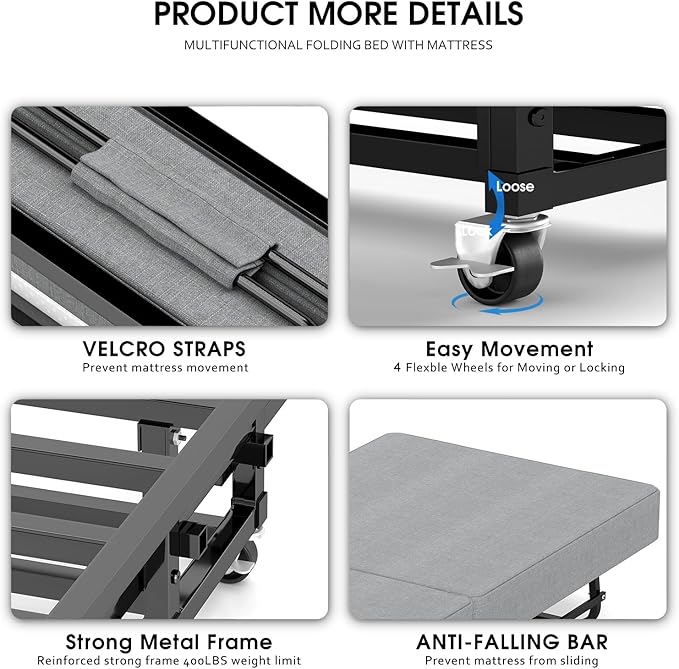 Fabulis Folding Bed with Mattress, Portable Foldable Bed for Adults, Roll Away Guest on Wheels, Memory Foam Mattress and Metal Frame, Space Saving Fold Up for Easy Storage, 75" x 31"
