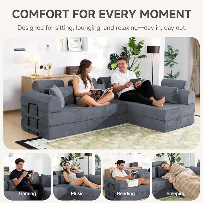 106” L Shaped Boneless Sectional Couch, Two 70.87” Pieces Convert to 141.7” Extra Long Straight Sofa, Corduroy Couch in a Box with Headrest and Back Pillows for Apartment Living Room, Dark Grey