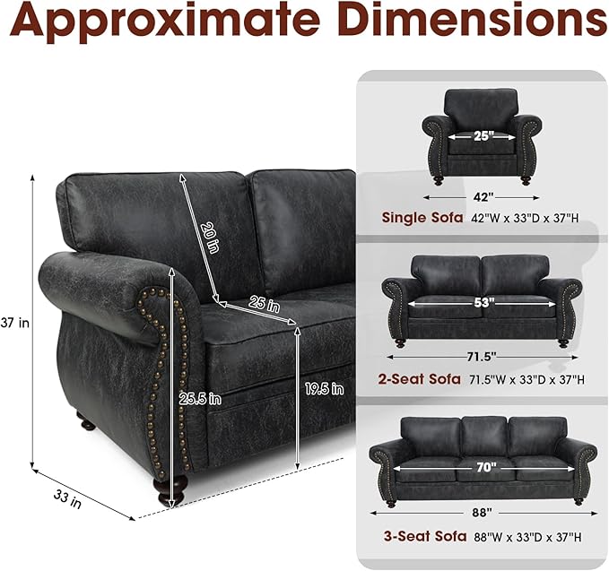 Living Room Furniture Sets,Sofa Sets and Couch Sets for Living Room,Mid-Century Vintage Sofa Couches with Rivet Design (Grey, Loveseat+3 Seater)