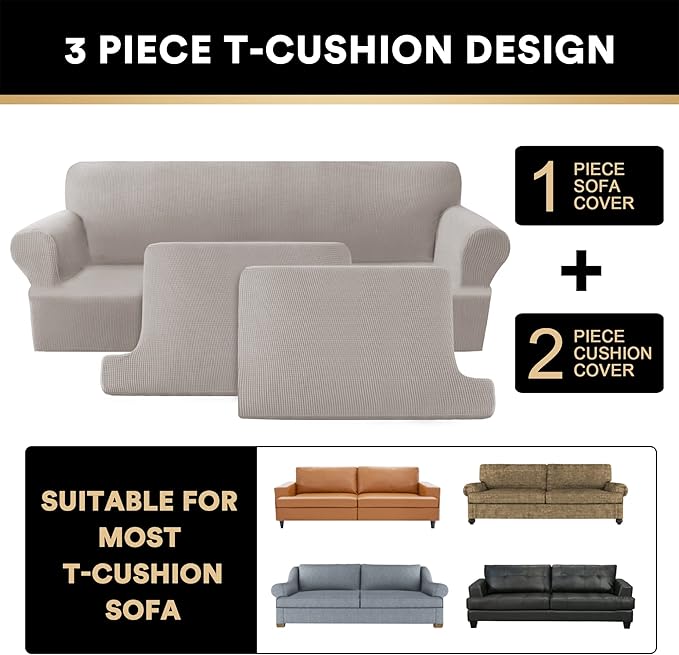 PrinceDeco T Cushion Sofa Slipcover 3 Pieces Sofa Covers for T Cushion Couch Soft Couch Covers Sofa Slip Cover Furniture Covers with 2 Individual T Shape Seat Covers Width Up to 88", Taupe