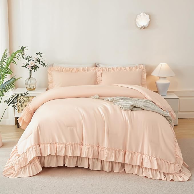ANGIYUIN Pink Girls Twin Comforter Set 5Pcs Double Ruffled Fluffy Bed in A Bag Solid Color Farmhouse Boho Bed Set Soft Shabby Chic Bedding Comforter Set with Sheets(Pink Twin)