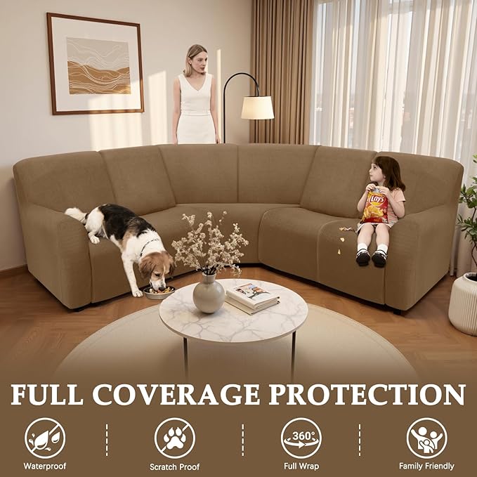 Couch Covers for Sectional Sofa Reclining L Shape Waterproof Washable Sectional Couch Covers Super Stretch Recliner Sofa Slipcover(5 Seater Cover,Brown)