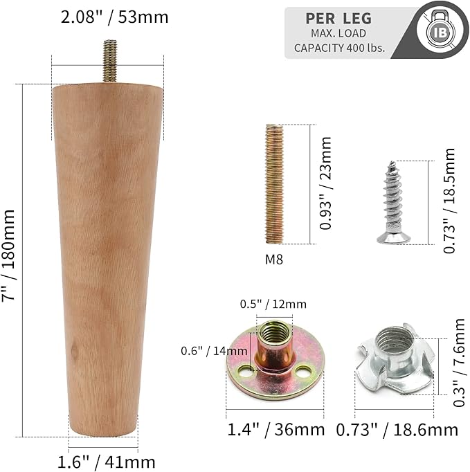 4pcs 7 Inch Wood Furniture Legs, Straight Conical Solid Wood Sofa Legs, Mid-Century Style Furniture Feet for Sofa Cabinet Table Cupboard Couch Ottoman Home DIY Projects