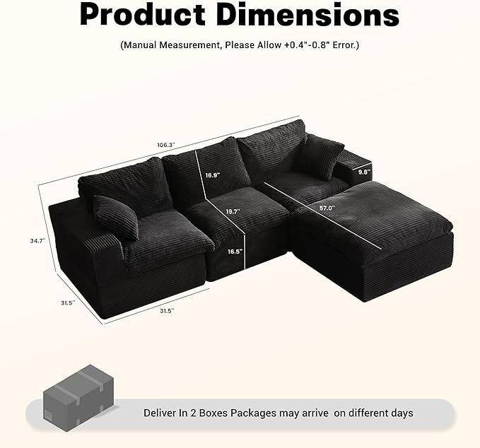106.3” Sectional Couches for Living Room, Set of Cloud Couch, Modular Sectional Sofa, Convertible Sofas Bed, Deep Seat Sofa, L Shaped Cozy Sofa Furniture Set, Corduroy, Black
