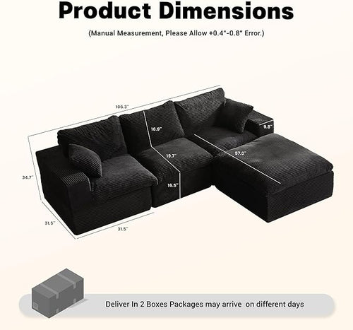 106.3” Sectional Couches for Living Room, Set of Cloud Couch, Modular Sectional Sofa, Convertible Sofas Bed, Deep Seat Sofa, L Shaped Cozy Sofa Furniture Set, Corduroy, Black