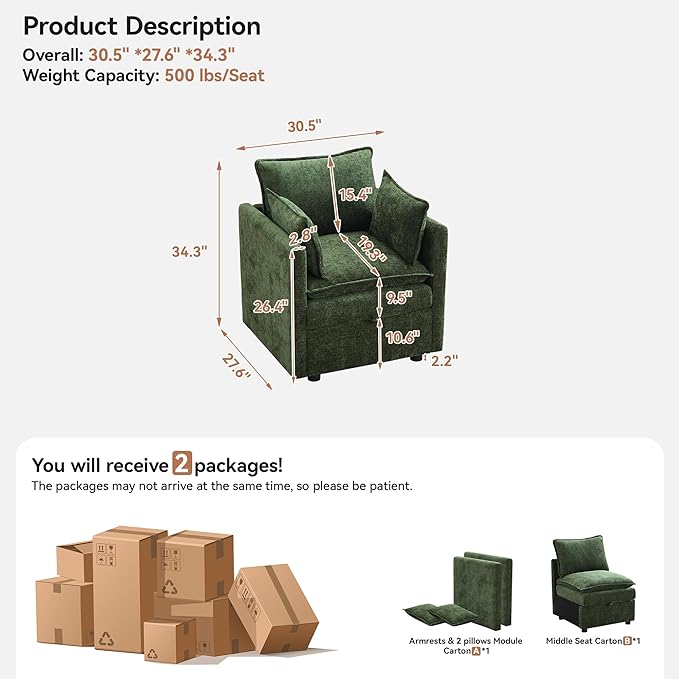 30" Cloud Modular Single Sofa Chair with Storage, Modern Upholstered Accent Chair Deep Seat, Chenille Reading Lounge Armchair for Living Room, Bedroom, Small Space, Green