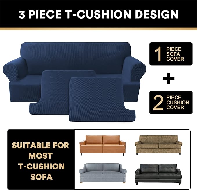 PrinceDeco T Cushion Loveseat Slipcover 3 Pieces Sofa Covers for T Cushion Sofa Stretch Slip Covers for 2 Cushion Couch with 2 Individual T Shape Seat Covers Width Up to 76"- Washable, Navy