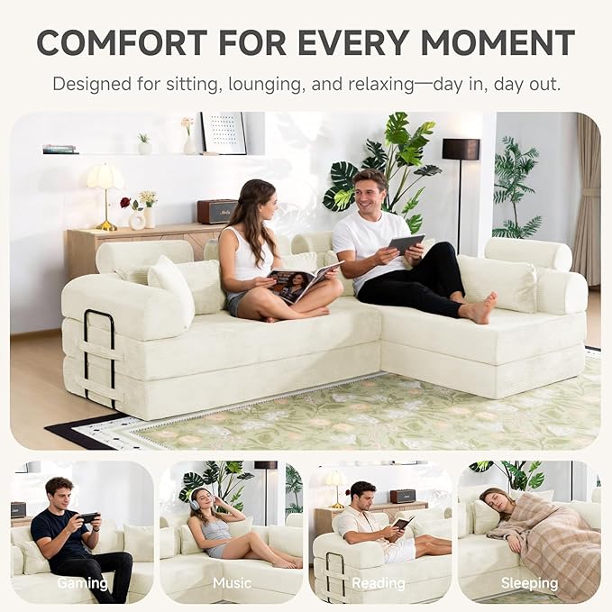106" L-Shaped Boneless Sectional Couch, 2-Piece 70.87" Modules, Converts to 141.7" Extra-Long Straight Sofa, Corduroy Couch in a Box with Headrest & Back Pillows for Living Room, White