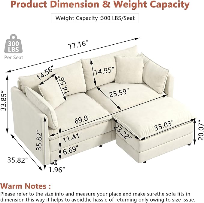 Setawix Deep Loveseat Couch with Ottoman,Large L-Shaped 2 Seater Cloud Couches for Living Room,77.16" Chenille Cloud Sofas with Deep Seat,Modular Sectional 2 Seat Sofa for Bedroom (Beige, 2+1)