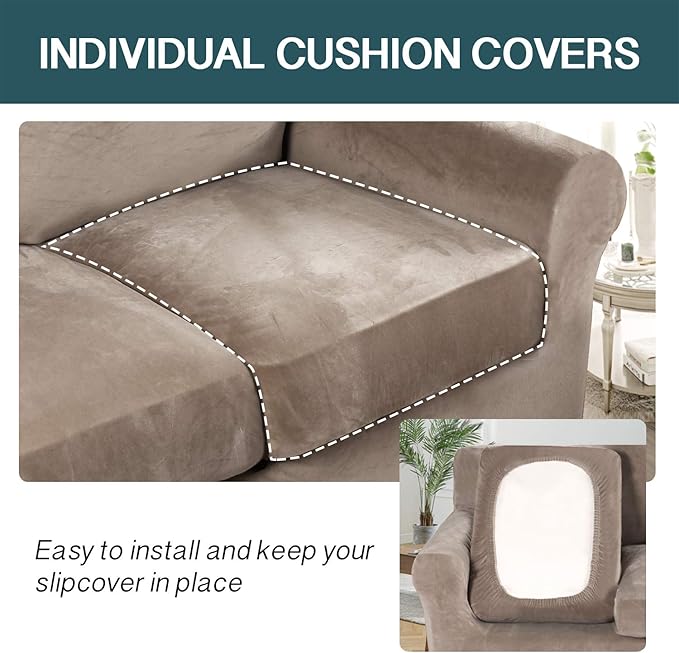 FantasDecor 2 Piece Chair Sofa Covers Velvet for Living Room Slipcovers with Individual Cushion Elastic Furniture Protector for Pets, Machine Washable (Armchair, Taupe)