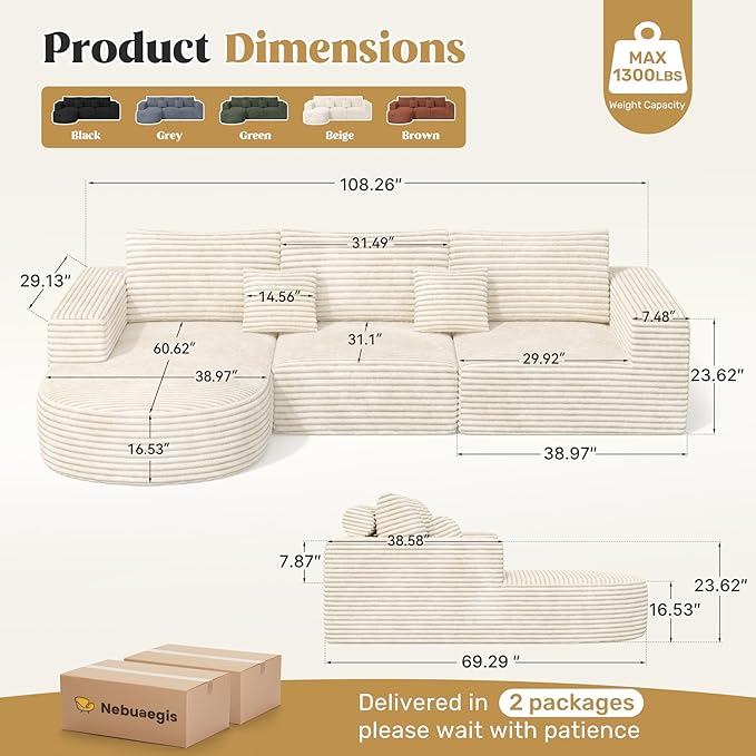 110" Modular Sectional Sofa Couches, Cloud Couches for Living Room, Boneless Sofa with Deep Seat,L-Shape Couch with Chaise,No Assembly Required,Beige,1 PCS