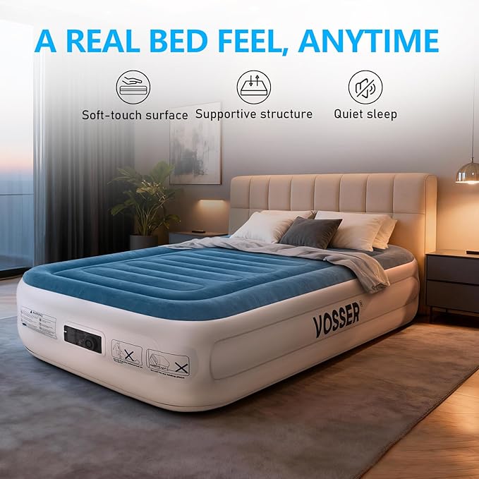 VOSSER Twin Air Mattress with Built-in Pump,Fast & Easy Inflation/Deflation Inflatable Mattress, Foldable Blow Up Mattress with Storage Bag, Inflatable Bed for Home, Camping & Guests