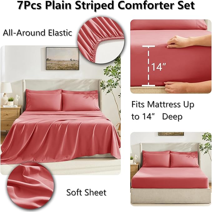CozyLux Queen Comforter Set Coral, 7 Pieces Bed in a Bag, Coral Comforters Queen Size, All Season Bedding Sets with Stitch Quilted Comforter, Flat Sheet, Fitted Sheet, Pillowcases