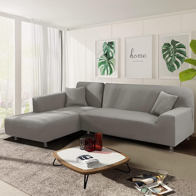 NAISI Couch Cover L Shape 2 Pieces Sofa Cover Soft Stretch Slipcovers with 2pcs Pillowcases Furniture Protector Sectional Couch Covers 3 Seater + 3 Seater(Silver Grey)
