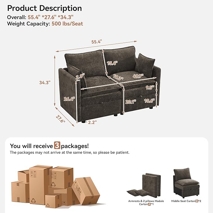55" Cloud Modular Loveseat Sofa with Storage, Modern Upholstered Sofa Couch Small Love Seat，2 Seater Chenille Comfy Sectional Sofa with Armrests for Living Room, Small Space, Brown | Loveseat Sofa, Upholstered Couch, Small LoveSeat, Sectional Sofa, Sofa