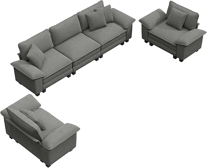 PHI VILLA Cloud Modular Couches Sets, 3 Pieces Large Sectional Sofas Set with Single Sofa, 5-Seater Upholstered Couch for Living Room, Corduroy, Grey