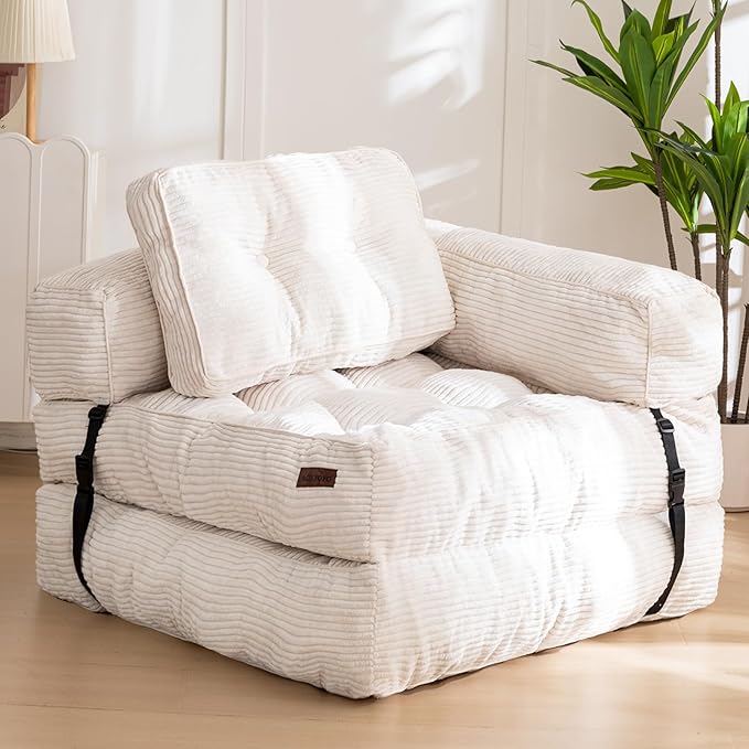MAXYOYO Folding Sofa Bed, L-Shaped Convertible Sofa Foldable Sleeper Couch with Pillow, Portable Fold Out Chair Bed with Armrest Comfy Floor Lounge for Living Room Bedroom, Beige