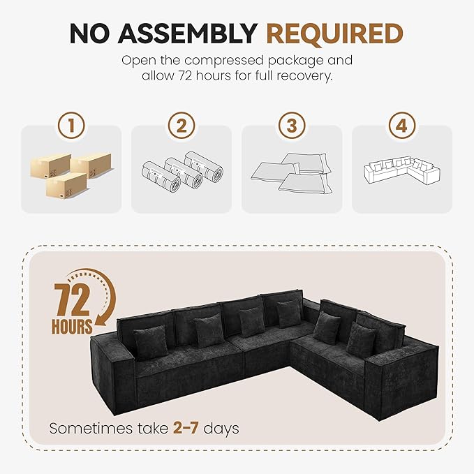 138'' Boneless Chenille L Shaped Couch, Oversized Modular Sectional 6 Seater Sofa, Modern Deep Seat Corner Cloud Compressed Couch, No Assembly Sleeper Sofa with Chaise for Living Room, Black