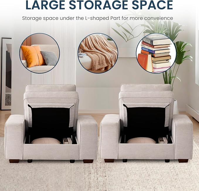 TEKAMON 45" Accent Chair with Seat Storage, Oversized Wide Single Sofa Chair, Modern Chenille Fabric Armchair for Living Room/Office with Wide Armrests, Side Pockets, USB Port, Washable Covers, Beige