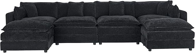 Setawix Deep 4 Seater Couch with Ottomans,147.22" U-Shaped Cloud Couches for Living Room,Chenille Cloud Sofa Couch with Foorest,Modular Sectional U Shape 4 Seat Sofa for Bedroom (Black, 4+2)