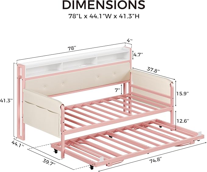 LIKIMIO Daybed with Trundle, Twin Bed Frame with Upholstered Headboard and Charging Station, Sofa Day Bed with Strong Supports for Living Room, Bedroom and Guest Room, Pink