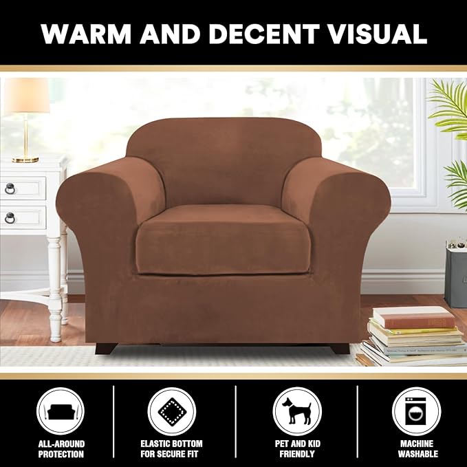 PrinceDeco Velvet Plush Couch Cover Stretch 2 Piece Chair Cover Chair Slipcover Washable Furniture Protector Couch Soft with Elastic Bottom Armchair Cover Width Up to 49 Inch(Small, Caramel)