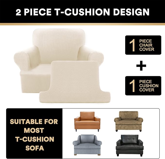 PrinceDeco 2 Pieces Armchair Slipcover Stretch Couch Covers for T Cushion Chair Slipcovers Soft Arm Chiar Cover Furniture Covers with 1 Individual T Shape Seat Covers Width Up to 40", Natural