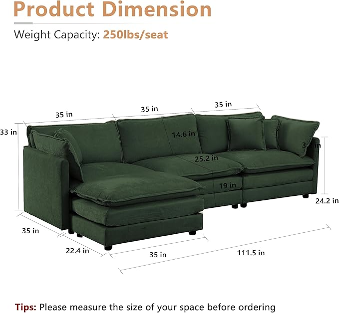 mikibama Modular Sectional Sofa, 111.5 Inch L Shaped Couch Set for Living Room, 3-Seater Comfy Cloud Couches with Movable Ottoman, DIY Combination, Chenille, Evergreen