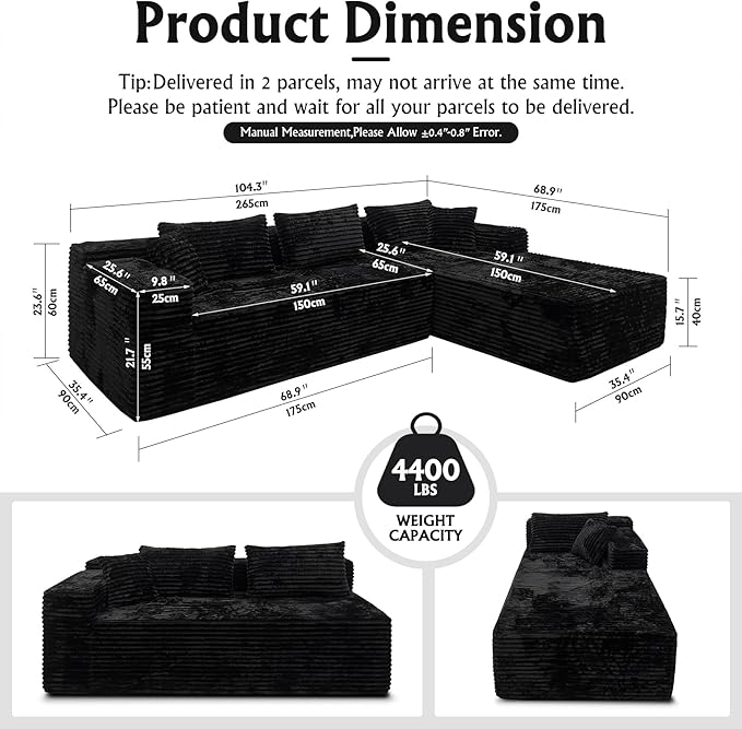 Boneless Modular Sectional Sofa, Cloud Couch with Right Facing Chaise, Oversized Deep Seat, L-Shaped, Soft Corduroy Fabric, Sectional Couch for Living Room -Black