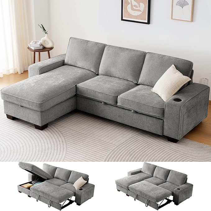ASHOMELI 99" Convertible Sleeper Sofa Bed,L Shaped with Storage Chaise Pull Out Couch for Living Room,USB and Type-C,Removable Washable Chenille Covers (Gray)