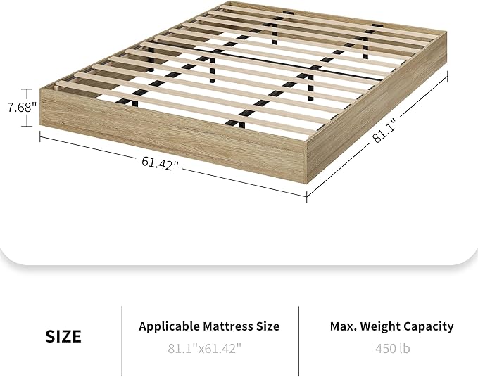 Wood Platform Bed with Sturdy Wooden Slats, Queen Size Floor-Standing Bed Frame, Modern Minimalist Design Bed Frame, No Box Spring Needed, Easy Assembly
