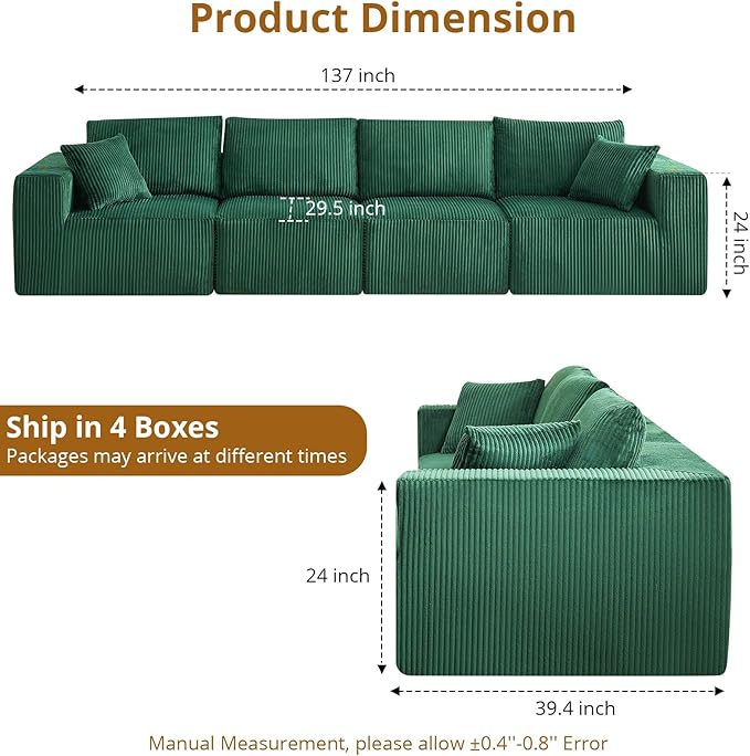 Sectional Cloud Boneless Couch 137" Modern Comfy Linear Straight No Assembly Required Convertible Compression Sleeper Modular Sofa with Corduroy Fabric 4 Deep Seat Single for Living Room