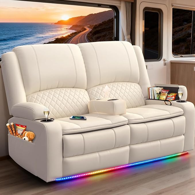 RV Loveseat Recliner Wall Hugger, Manual RV Reclining Loveseat with Removable Armrest, 3X Adjustable Theater Wall Hugger Loveseat Recliners with USB Ports, Cup Holders, Multi-Storage (PU,White)