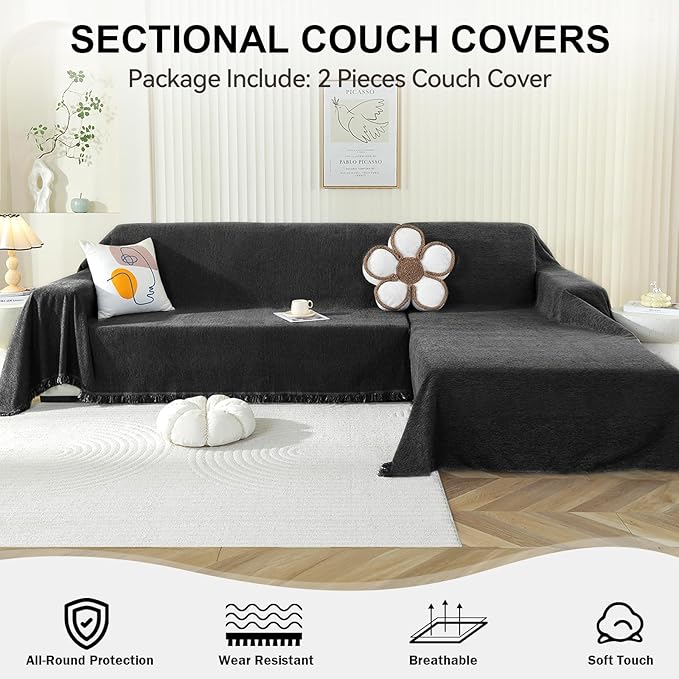 OstepDecor Sectional Couch Covers 2 Pieces, L Shaped Sofa Cover, Chenille Couch Cover for Dogs Washable, Couch Cover Blanket, Sofa Slipcover for 2-3 Cushion Couch (71"x102"+71"x118", Black)