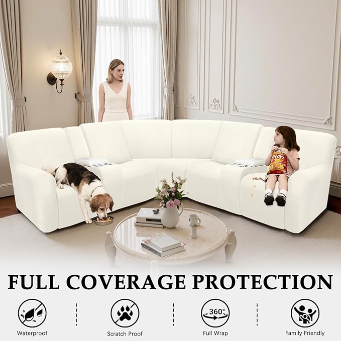 Waterproof Reclining Sectional Couch Covers Washable L Shaped Couch Cover for Sectionals Recliner Sofa Covers Stretch Corner Recliner Slipcovers for Dogs (5 Seater 2 Console Cover, Cream)