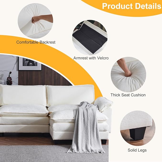 Karl home Sectional Sofa Modular Deep Seat Sofa Couch with Ottoman, Chenille Sofa Sleeper Comfy Upholstered Furniture for Living Room, Apartment, Studio, Office, (3-Seat & 1-Ottoman, Beige)