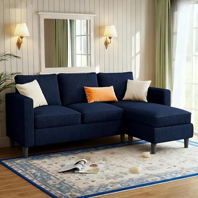 JAMFLY Couches for Living Room, 3-Seat Reversible Sectional Sofa with Convertible Ottoman, Modern Ribbed Fabric L-Shaped Couch for Small Apartment, Studio & Office, Easy Assembly, Blue
