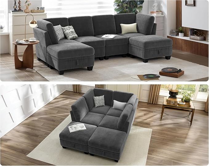 CHIC HOUSE Modular Pit Sofa, Corduroy Cuddle Couch with Storage Ottoman, Sleeper Sofa Square Daybed for Living Room & Cinema, Cloud Pit Alternative, (6 Seater Compact Sleeper, Dark Grey)