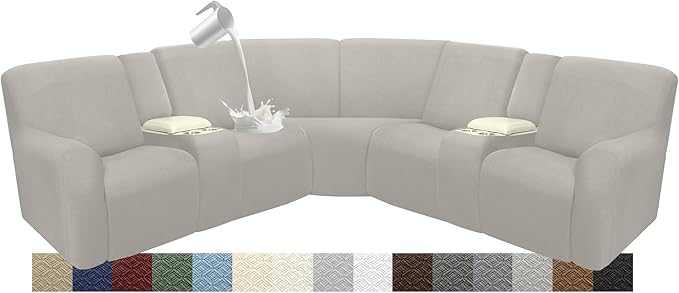 Waterproof Reclining Sectional Couch Covers Washable L Shaped Couch Cover for Sectionals Recliner Sofa Covers Stretch Corner Recliner Slipcovers for Dogs (5 Seater 2 Console Cover, Khaki)