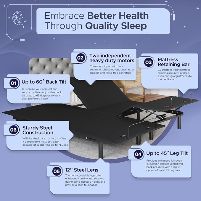 Celestial Aurora Adjustable Bed Base (Frame) + 8 inch Gel Memory Foam Mattress (Firm), Easy Assembly, Head and Foot Lift, Zero Gravity, Memory Positions, CertiPUR-US Bed - Split King