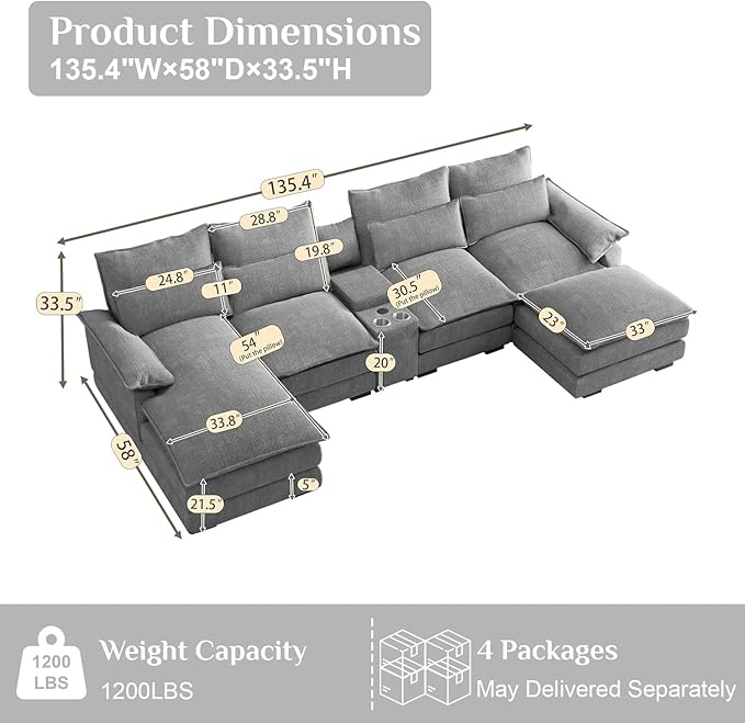 135" U Shaped Cloud Couch Sectional Modular Sectional Couches for Living Room Oversized Comfy Chenille Sofa Cloud Couch Set with Storage Central Console, USB Ports, Chaise Lounge, Ottoman, Grey