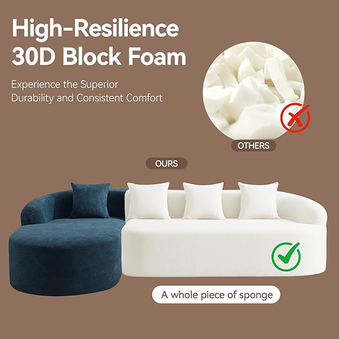 105.5" Boneless Curved Couch, L Shaped 4-Seater Cloud Couch with Deep Seat Chaise, Oversized Curved Sofa, Chenille Modular Sectional Couches for Living Room, No Assembly, Blue