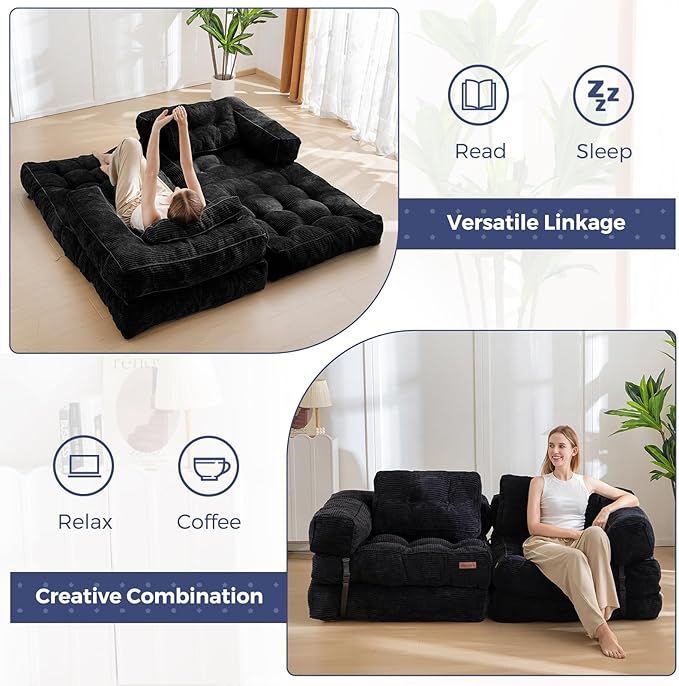 MAXYOYO Folding Sofa Bed, L-Shaped Convertible Sofa with Armrest Foldable Sleeper with Pillow, Portable Fold Out Chair Bed Comfy Floor Lounge for Living Room Bedroom, Black