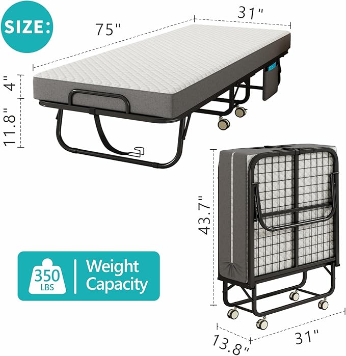 Folding Bed with Mattress for Adults, 75" x 31"Portable Cot-Size Rollaway Bed, Metal Frame Foldable Guest Bed with Memory Foam Mattress,Deluxe Single Beds with Side Storage Pocke