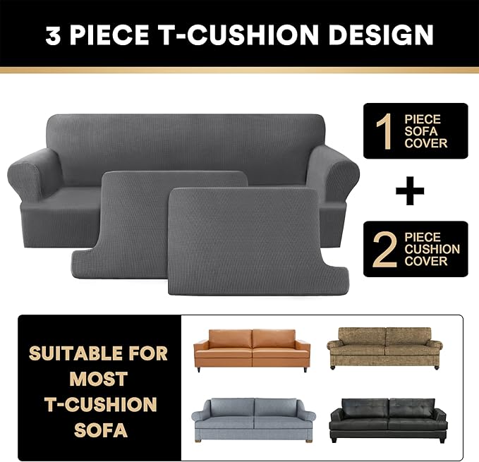 PrinceDeco T Cushion Sofa Slipcover 3 Pieces Sofa Covers for T Cushion Couch Soft Couch Covers Sofa Slip Cover Furniture Covers with 2 Individual T Shape Seat Covers Width Up to 88", Grey