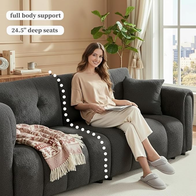 91.5" W Cloud Boucle Sofa for Living Room, Modern Comfy Boucle Couch with Rolled Arms and Soft Pillows, Teddy Oversized Loveseat for Apartment, Studio, Bedroom, Dark Grey